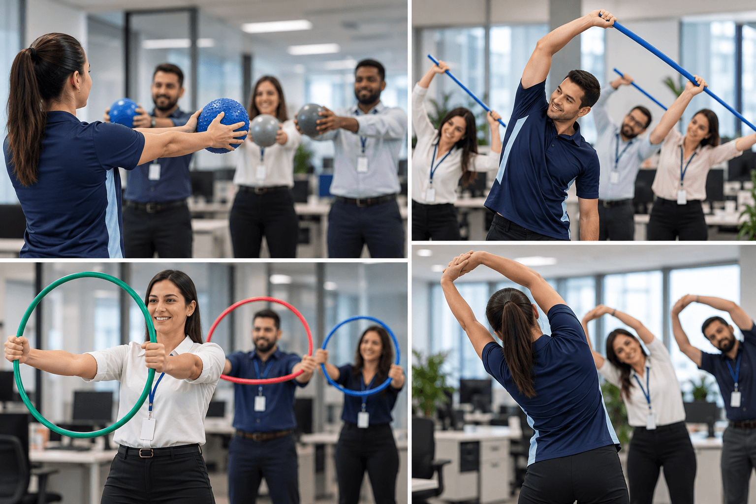 Turma realizando exercícios de ginástica laboral durante o expediente
