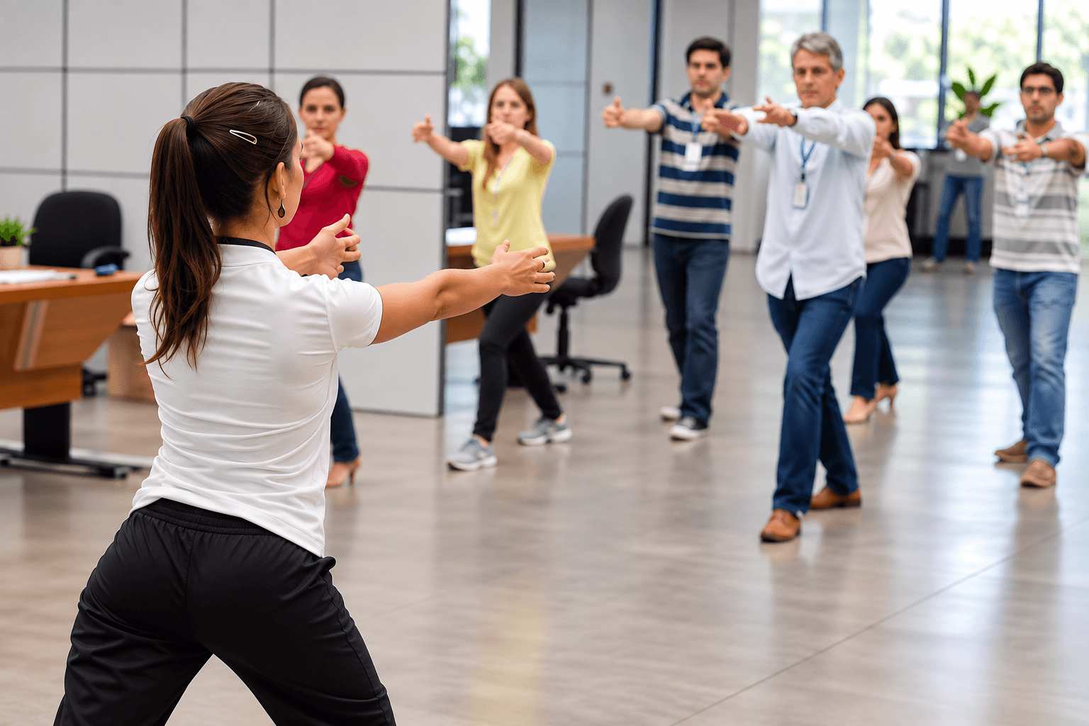 Colaboradores participando de sessão de ginástica laboral no ambiente de trabalho